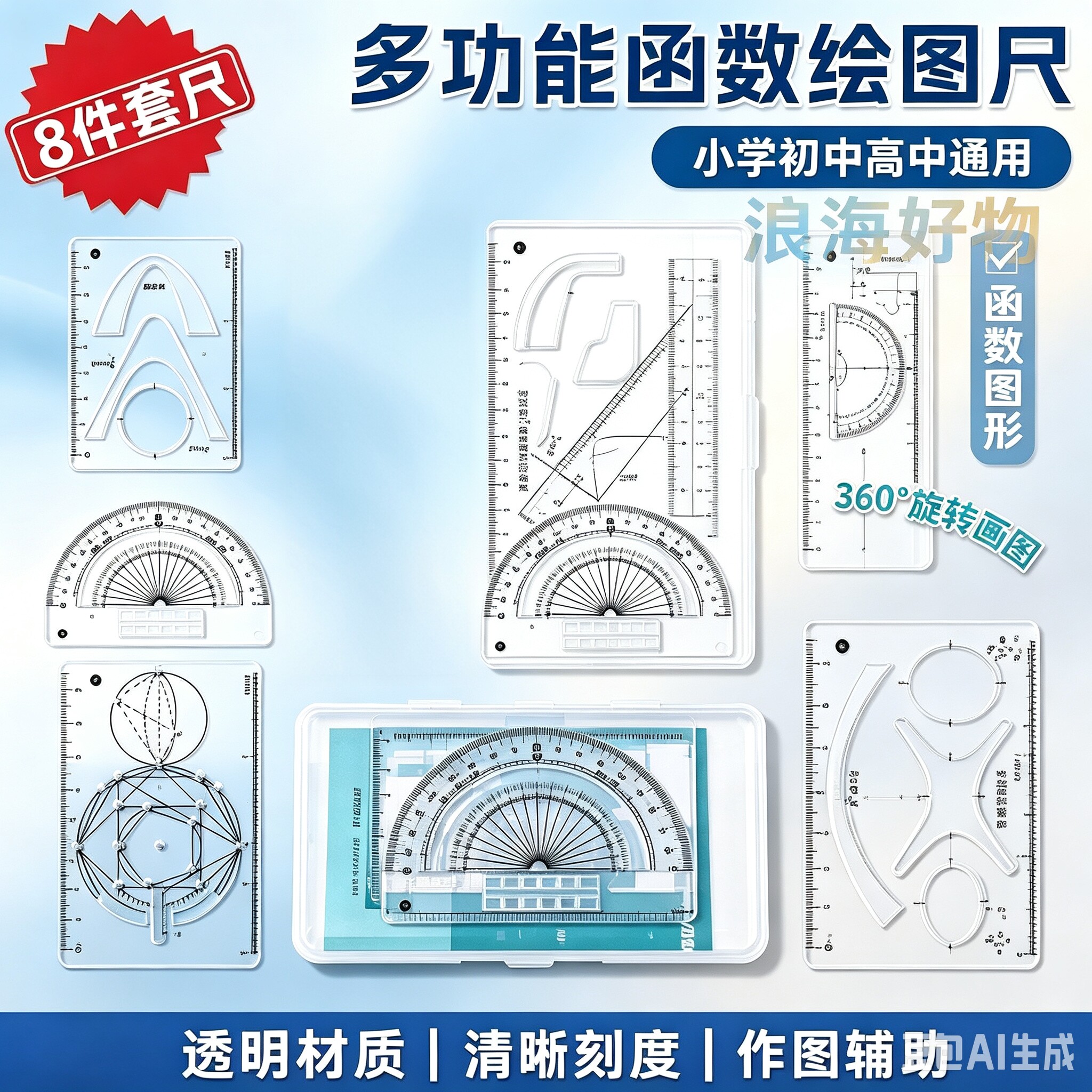 【老师推荐】多功能+绘图+函数三合一套装 多功能便携式学习尺RR