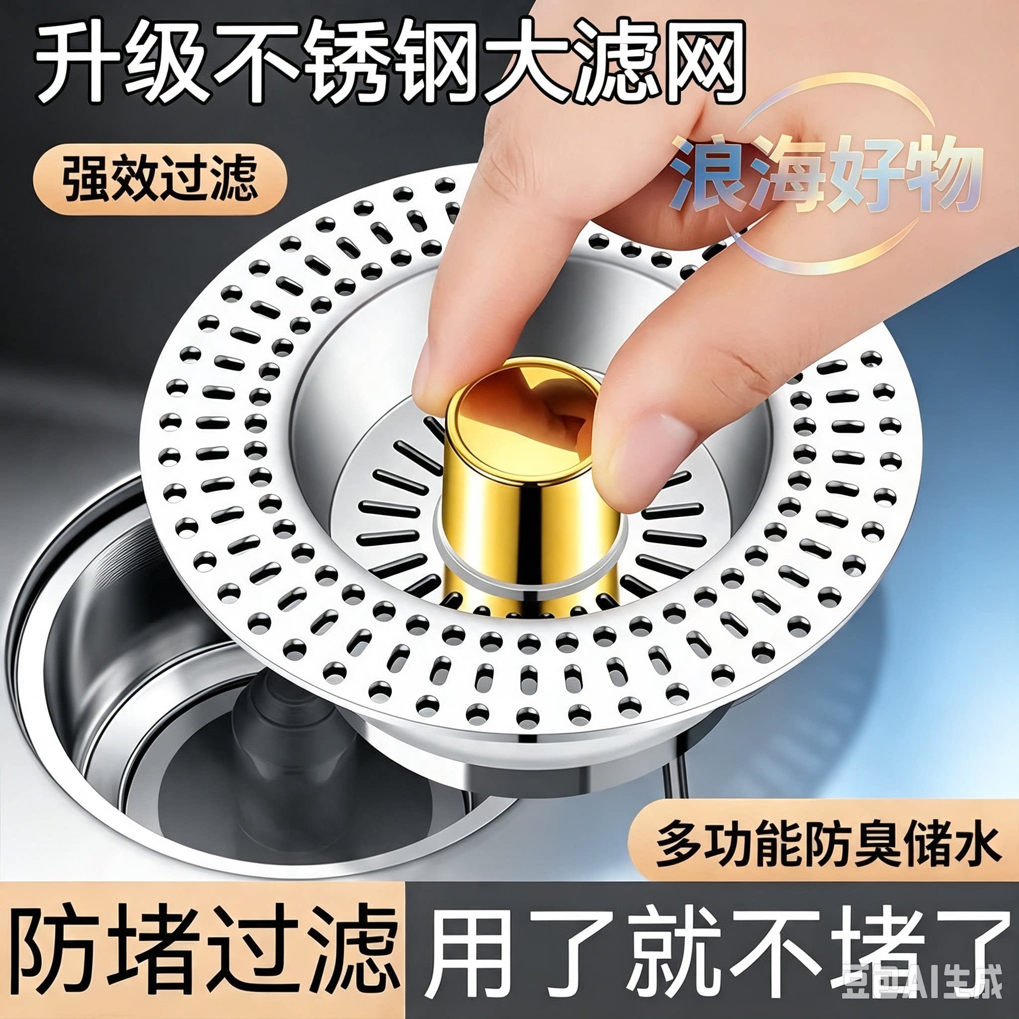 不锈钢厨房水槽过滤网弹跳芯下水器按压式洗碗洗菜盆通用漏水塞RR