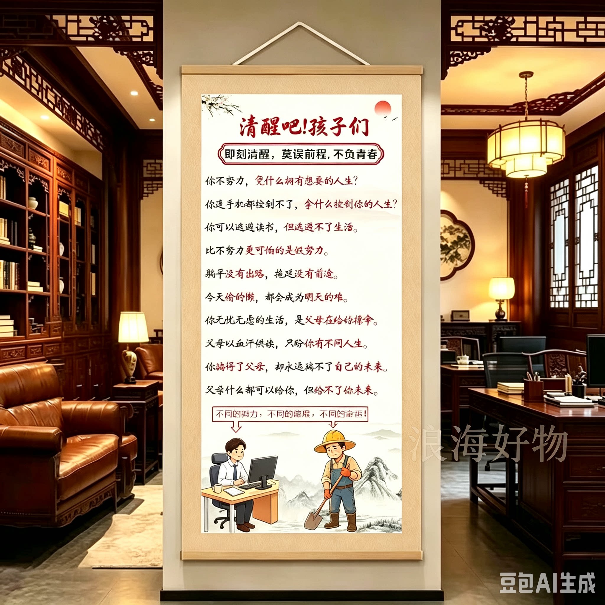 【清醒吧孩子们】新中式少年励志挂画书房客厅玄关装饰画WL