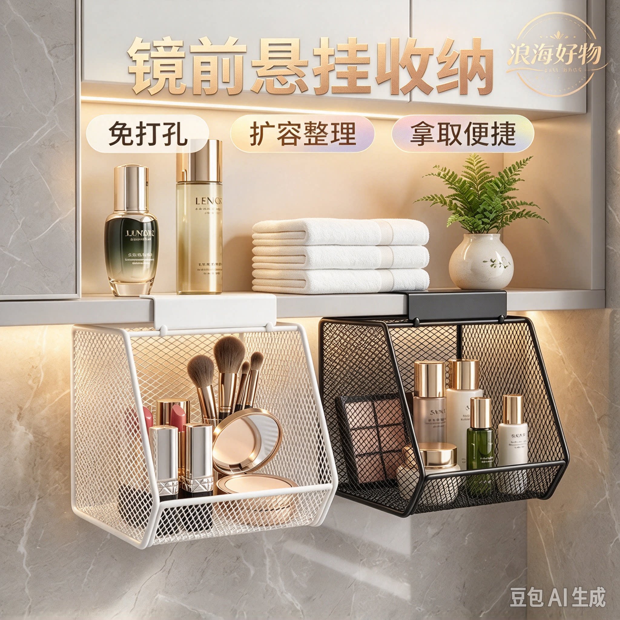 免打孔悬挂收纳挂篮浴室镜柜置物筐家用化妆护肤品杂物收纳架RR2