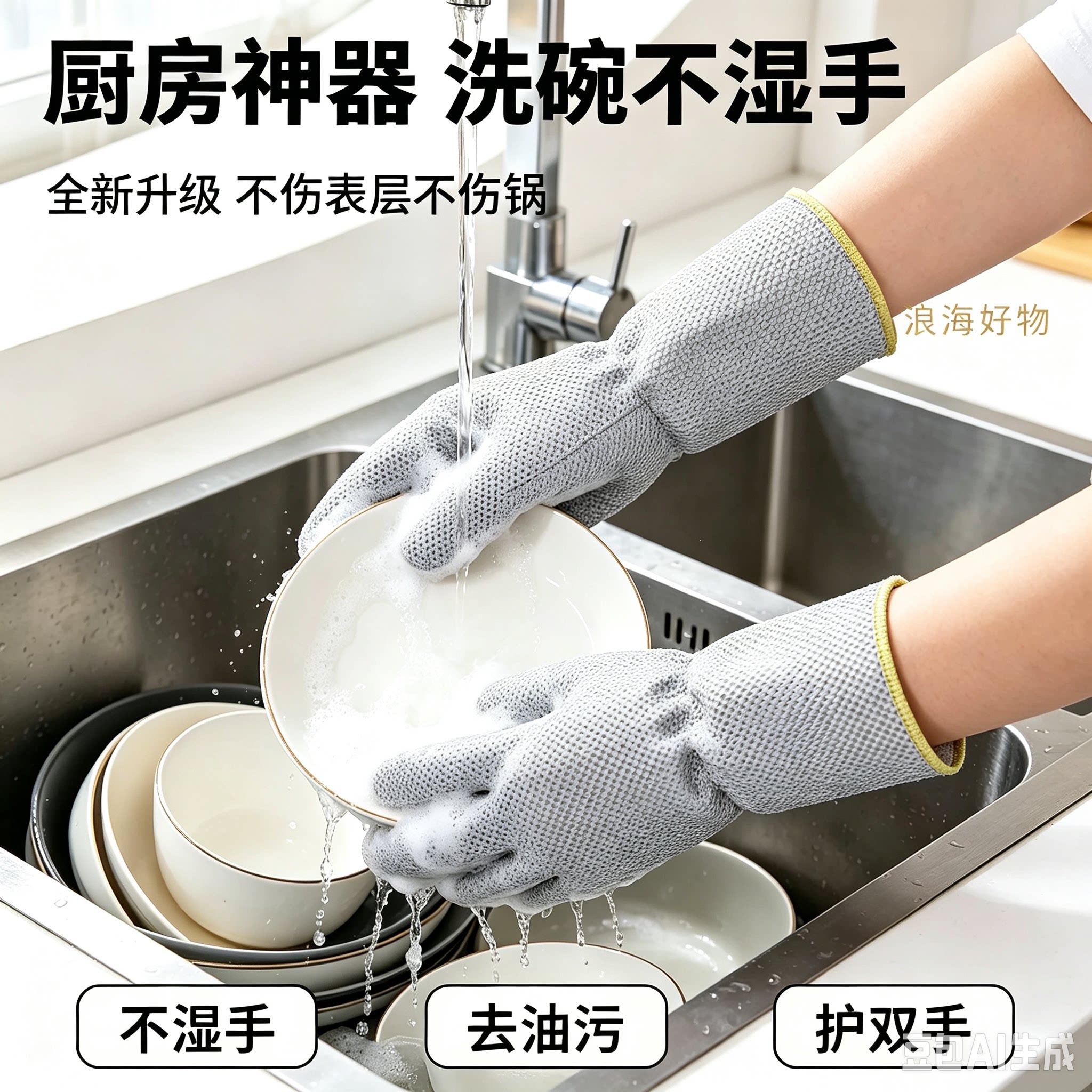 【下单立减50】厨房多功能防水防油防烫家务清洁钢丝洗碗手套HQ