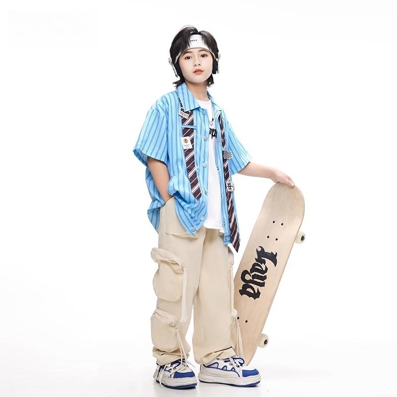 现货速发街舞儿潮服套装男孩嘻哈架子鼓演出服hiphop潮服孩酷帅条