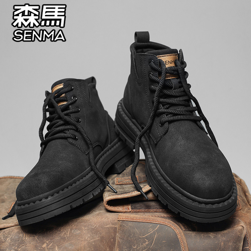 森马马丁靴男鞋冬季高帮英伦风黑色工装靴男士休闲百搭真皮皮靴子