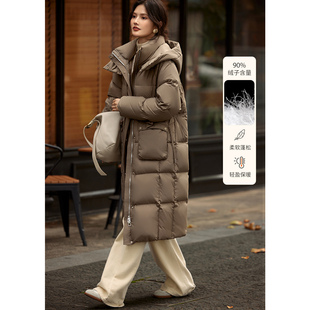 【通勤牛角扣装饰立体袋长款羽绒服】冬季装饰扣连帽羽绒服
