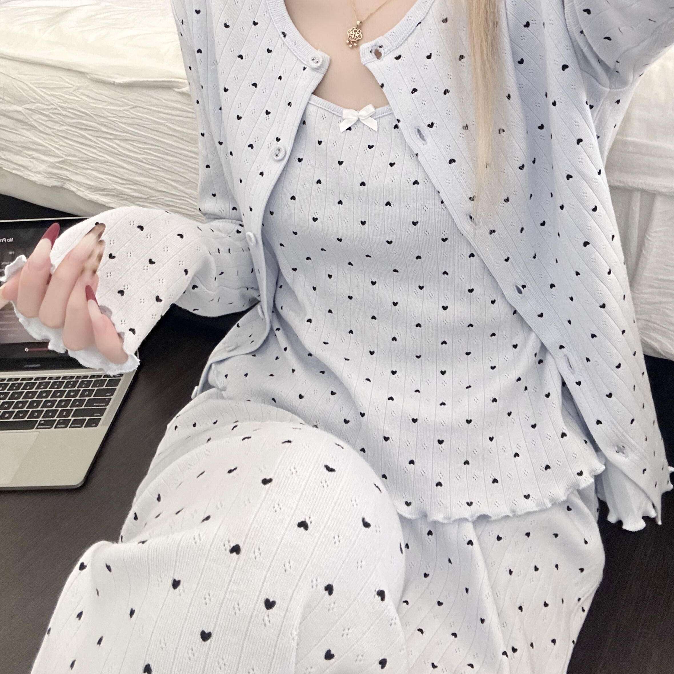 波点睡衣女款韩系三件套亲肤柔软春夏款家居服长袖阔腿裤2026新款
