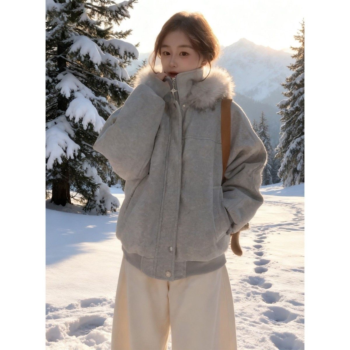 浅灰色派克羽绒服女款东北零下40度防寒服美式座山雕连帽棉服外套