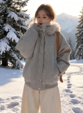 浅灰色派克羽绒服女款东北零下40度防寒服美式座山雕连帽棉服外套