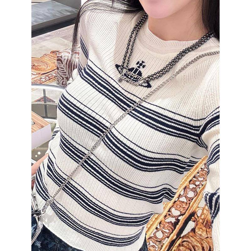 西太后土星刺绣毛衣女款2025新款秋季长袖条纹镂空针织衫上衣高级