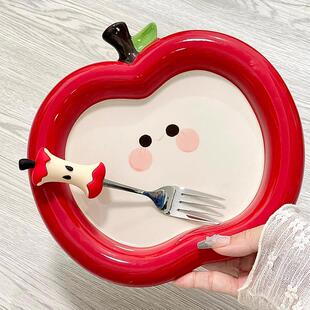 可爱红苹果餐盘釉下彩陶瓷水果盘客厅甜品盘家用桌面早餐收纳出片