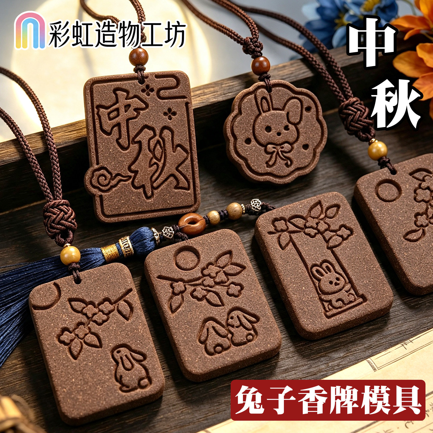 中秋玉兔子花牌咖啡渣香牌模石塑图片