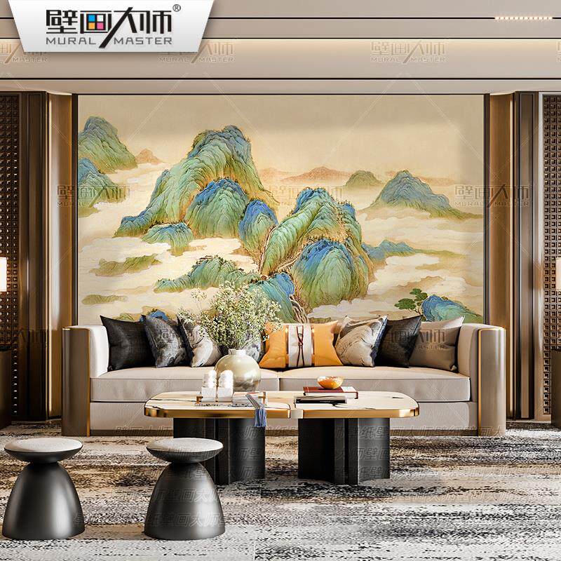0A国画青绿山水墙纸新中式电视背景墙壁纸客厅壁布沙发影视墙布壁