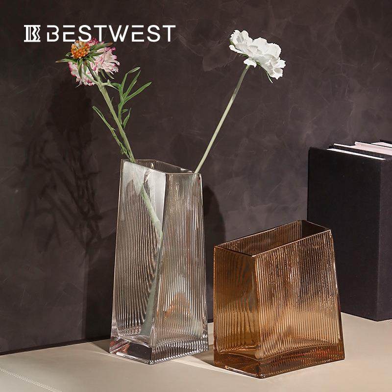 博西家居 现代几何梯形竖楞透明玻璃花瓶摆件家居软装水培花器,家居饰品,花瓶,淘宝优惠券,粉丝福利购,淘宝优惠卷