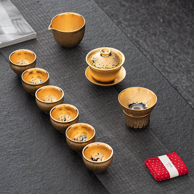 建盏金油滴吴文峰茶具套装盖碗茶杯套组陶瓷十头整套礼品盒装窑变
