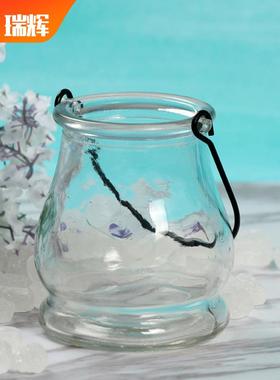 透明带提手玻璃烛台悬挂烛罐蜡烛玻璃杯插花玻璃水培花瓶双耳吊瓶