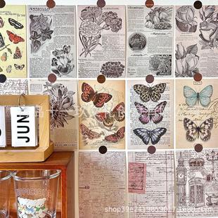 30张复古蝴蝶装饰画卡片复古书信复古英文花卉高级感墙面装饰墙贴