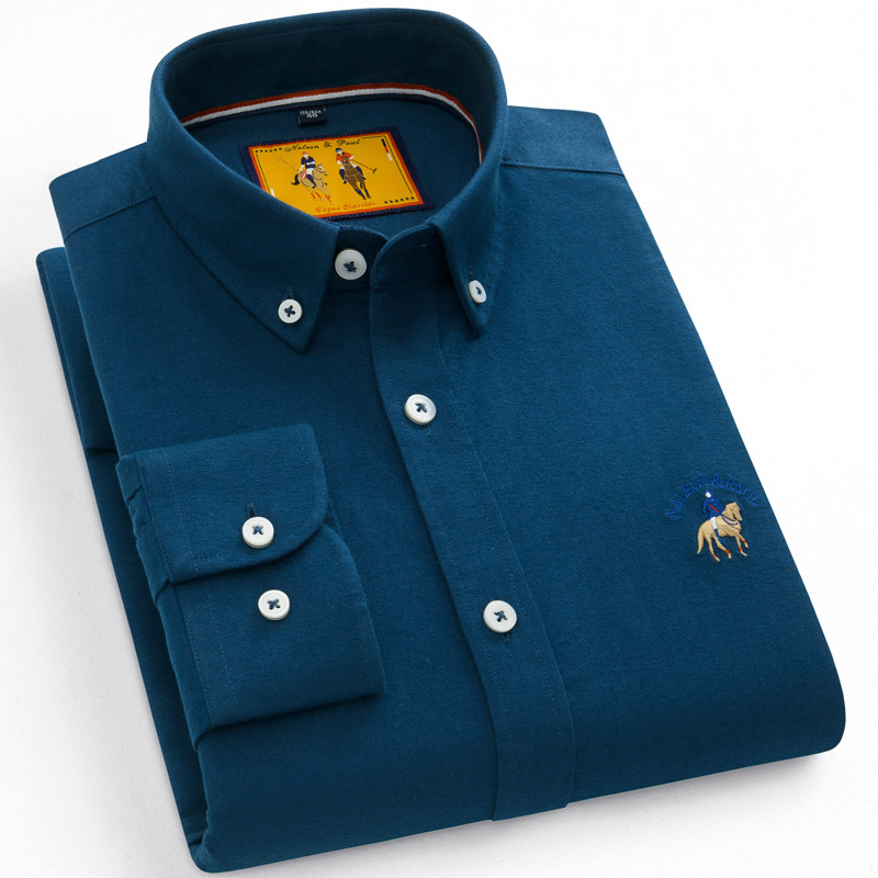 保罗牛津纺纯棉长袖衬衫男士春秋季纯色磨毛中青年全棉休闲衬衣男