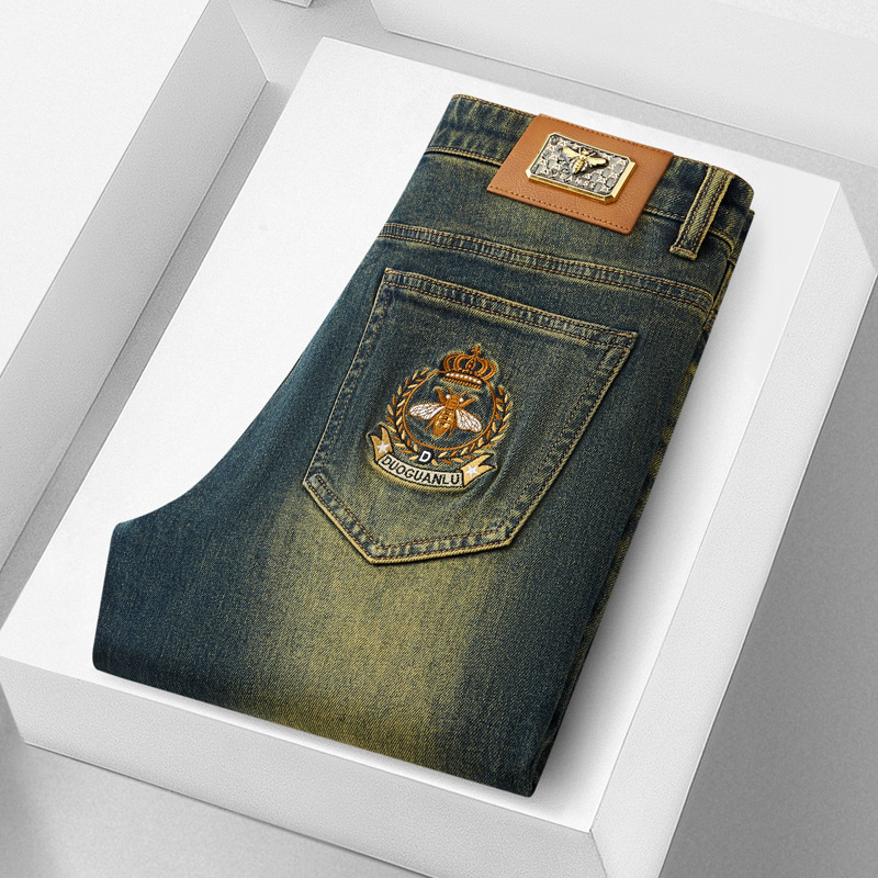 复古水洗刺绣弹力小直筒男牛仔裤