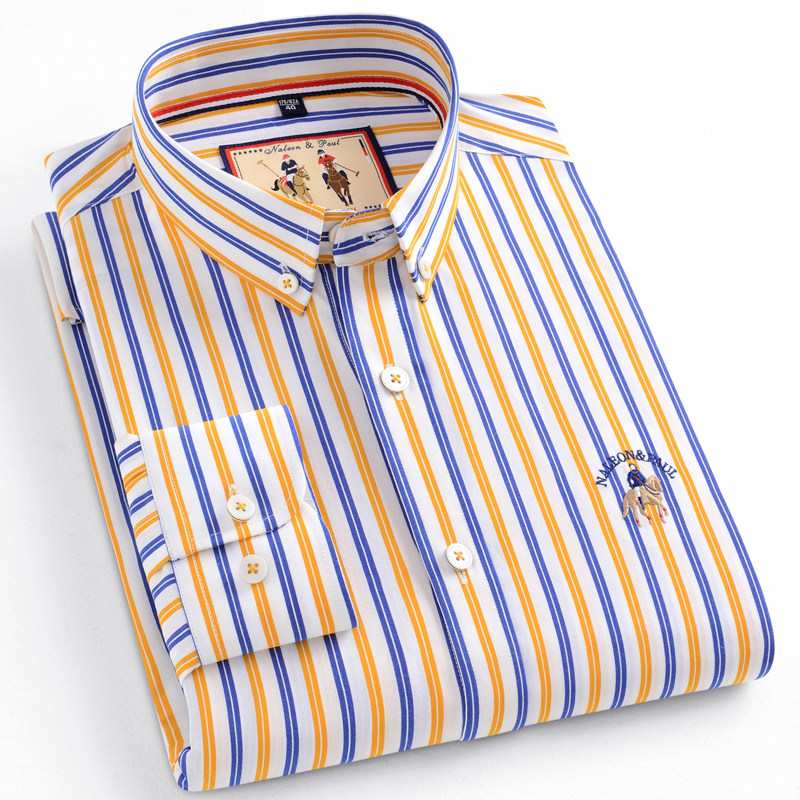 保罗纯棉长袖衬衫男士条纹牛津纺商务休闲衬衣春秋季日常百搭上衣