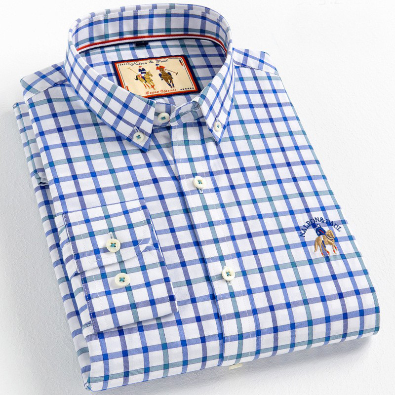 保罗纯棉格子长袖衬衫男四季款百搭休闲男装全棉格纹中年商务衬衣