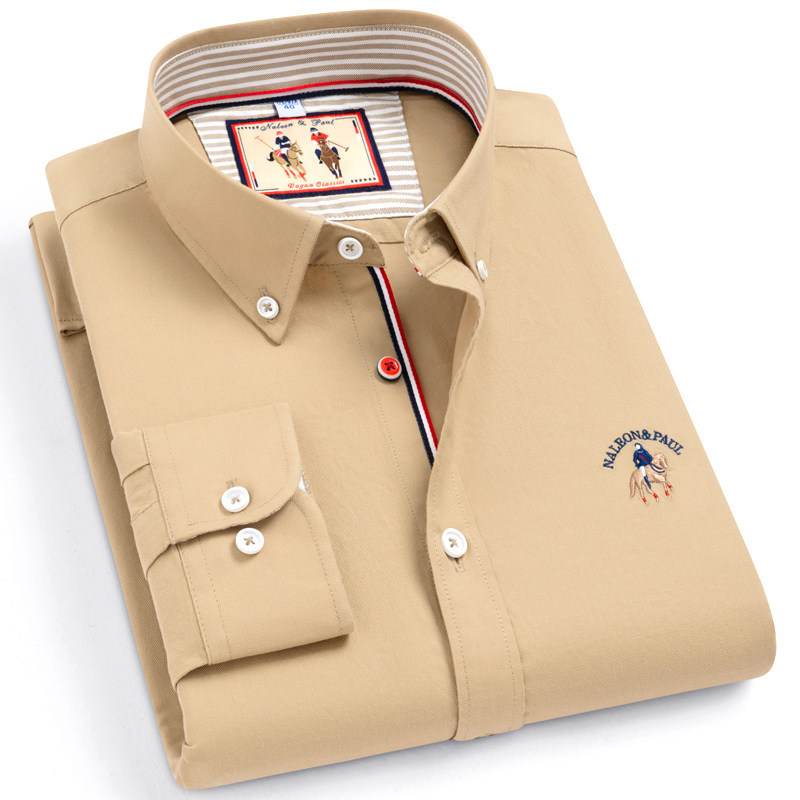 保罗牛津纺纯棉长袖衬衫男士中青年春秋款纯色百搭商务休闲衬衣男