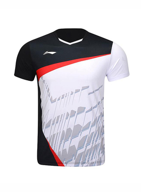 李宁正品羽毛球系列男女同款印花拼接运动V领短袖T恤AAYU147-1