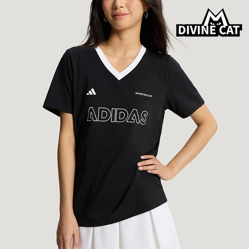 Adidas/阿迪达斯正品夏季女士亲肤日常休闲印花V领短袖T恤KX6800