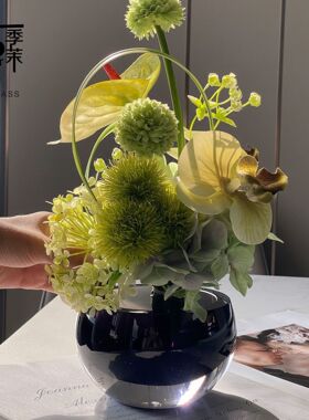 HJM-轻奢琉璃玻璃花瓶仿真花艺洽谈桌客厅茶几家居插花软装饰摆件