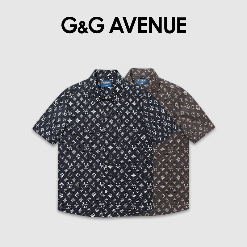 法国G&G AVENUE爆款痞帅夏季翻领短袖男款满印衬衫T恤-GC2513001