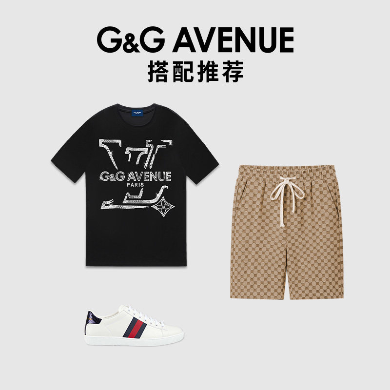 法国G&G AVENUE潮牌夏季新款品烫钻印花短袖T体恤圆领上衣100纯棉