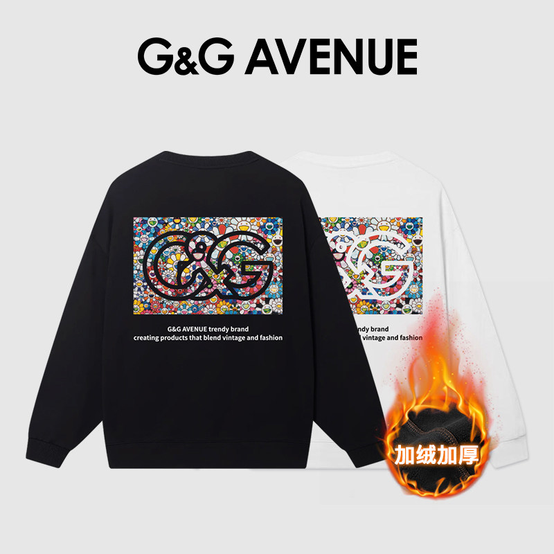G&G AVENUE 高端潮牌秋冬季加绒加厚情侣卫衣男宽松休闲圆领长袖
