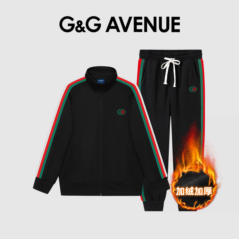 G&GAVENUE轻奢潮牌秋冬季休闲加绒套装外套夹克束脚长裤子两件套