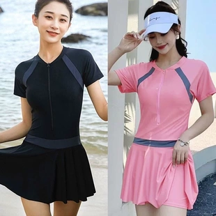 速干撞色泳衣女泡温泉裙式 显瘦保守学生 连体泳衣度假防走光修身