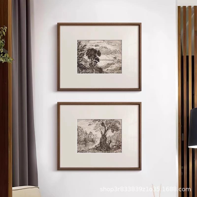法式中古风客厅玄关柜装饰画素描风景小众艺术挂画复古风书房壁画图片