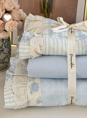 棉公母婴纱水洗双层四件套柔软被套床单床品宿wJQN84Cs主舍三件套