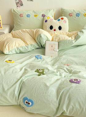 A类婴幼儿级水棉四单件套床品毛可爱巾绣纯棉三件套床被套4洗WIA