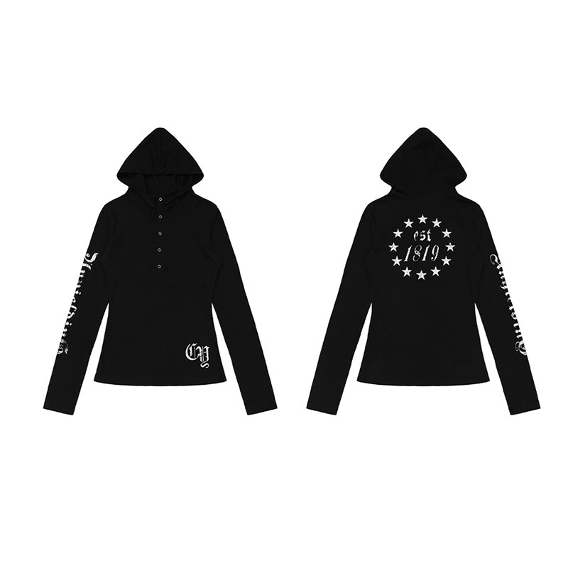 American-Style Hooded Printed Long-Sleeve T-Shirt for Women, Spring and Autumn Slim Fit, Sweet and Spicy Girl Sun Protection Cover-Up, Trendy Punk Top