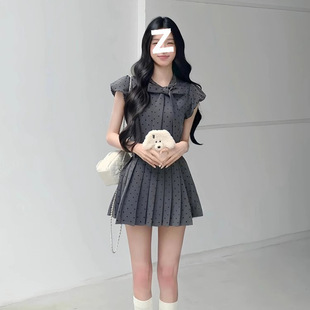 法式 連衣裙子女夏季 2025年新款 小個子甜美a字短裙 灰色波點小飛袖