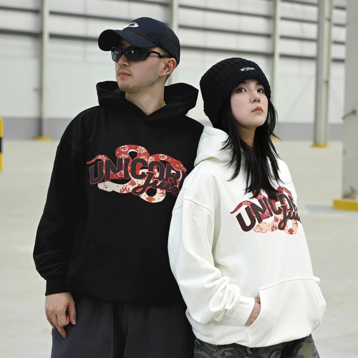 JuiceUnicorn原创金蛇狂舞国潮美式复古男女帽衫长袖重磅兜帽卫衣