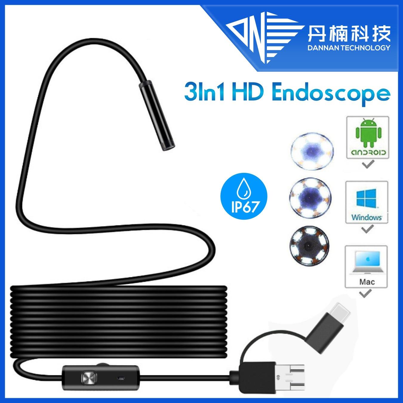 跨境5.5mm三合一手机电脑内窥镜typeC接头汽车空调管道内窥镜