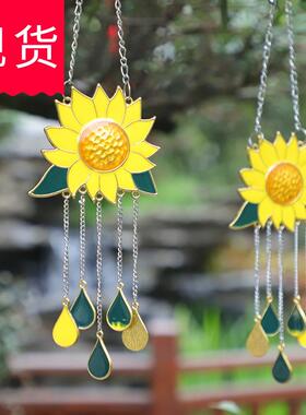 现货跨境爆款室内挂饰滴油向日葵挂件合金花朵风铃挂件晶世