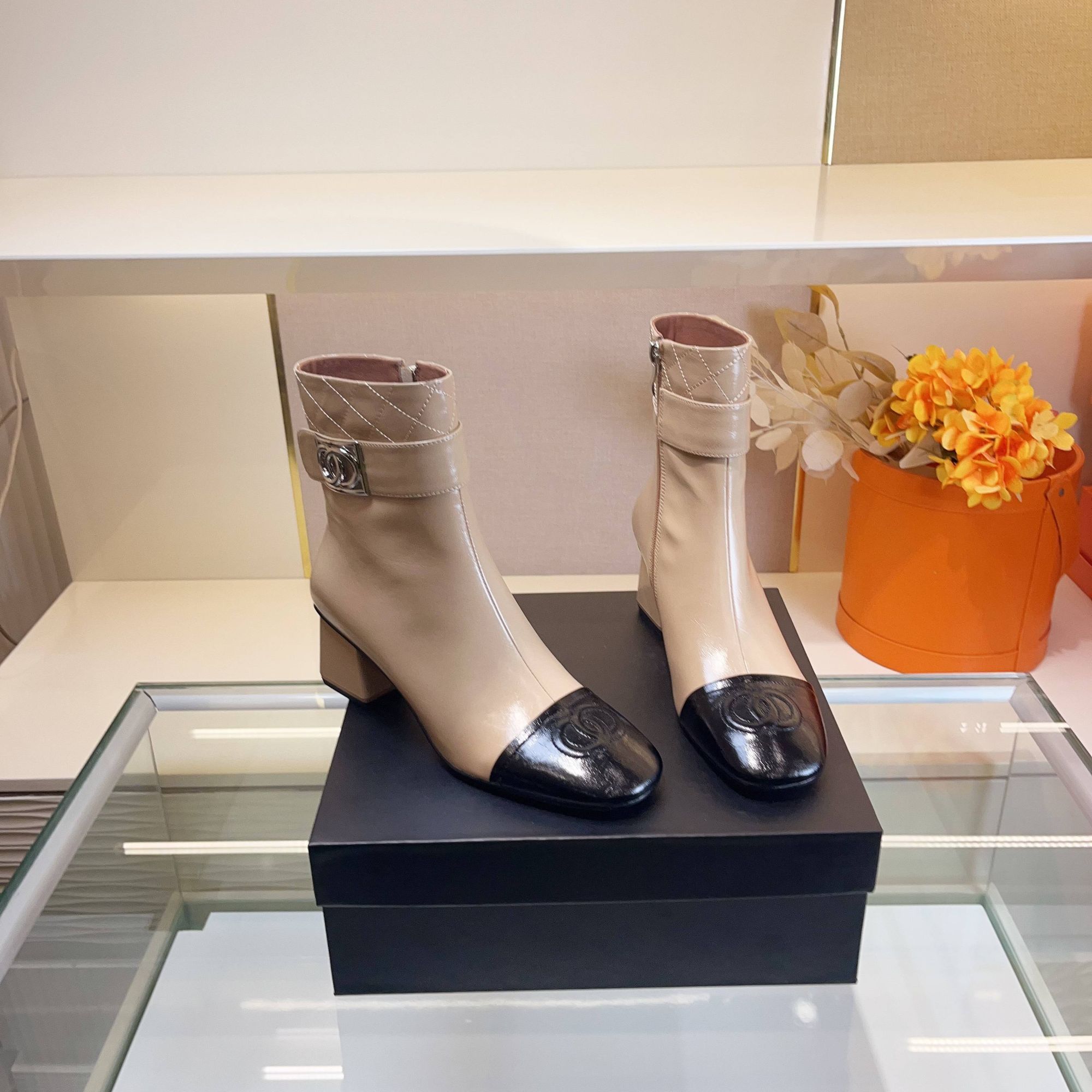 范戈希跟5cm秋季牛皮粗跟侧拉链法式优雅气质短靴时尚百搭买1赠3