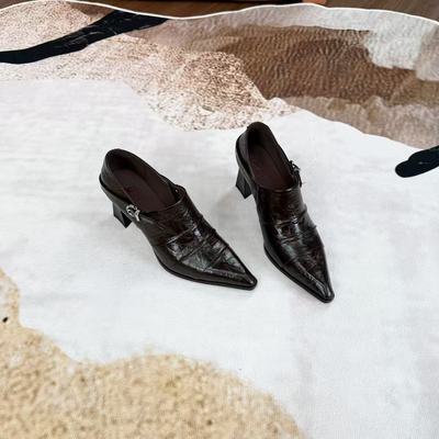 范戈希跟高7CM尖头气质褶皱皮带扣设计感百搭高跟鞋女单鞋买1赠3