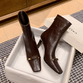 范戈希方头时尚 弹力靴高跟瘦瘦靴时装 靴英伦风粗跟短靴买1赠3