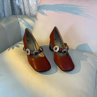 范戈希全羊皮跟6cm春夏气质时尚 买1赠3 高跟粗跟浅口玛丽珍单鞋