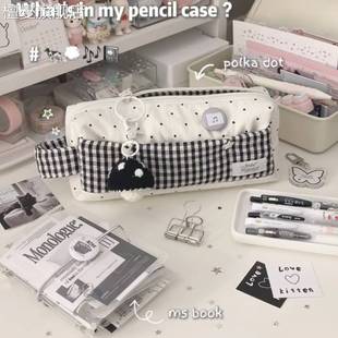 正品旗舰店文具女生可爱笔袋高颜值ins风白巧慕斯格纹波点简约大容量分层袋学生铅笔盒