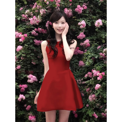 贝微微同款夏日绝美法式修身红裙