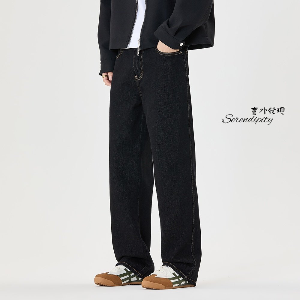 黑色宽松直筒丹宁牛仔裤男士秋冬季新款潮牌水洗百搭阔腿垂感长裤,男装,牛仔裤,淘宝优惠券,粉丝福利购,淘宝优惠卷