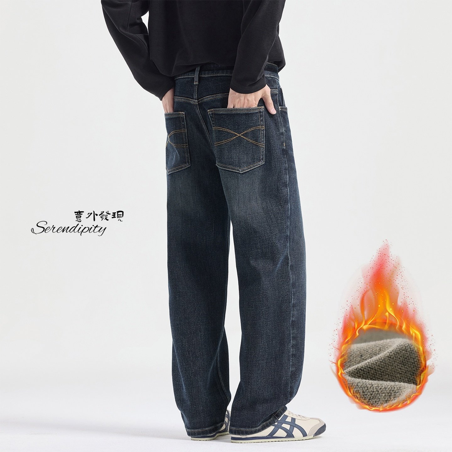 复古蓝灰色抓毛薄绒牛仔裤秋冬新款男士保暖宽松直筒阔腿弹力长裤,男装,牛仔裤,淘宝优惠券,粉丝福利购,淘宝优惠卷