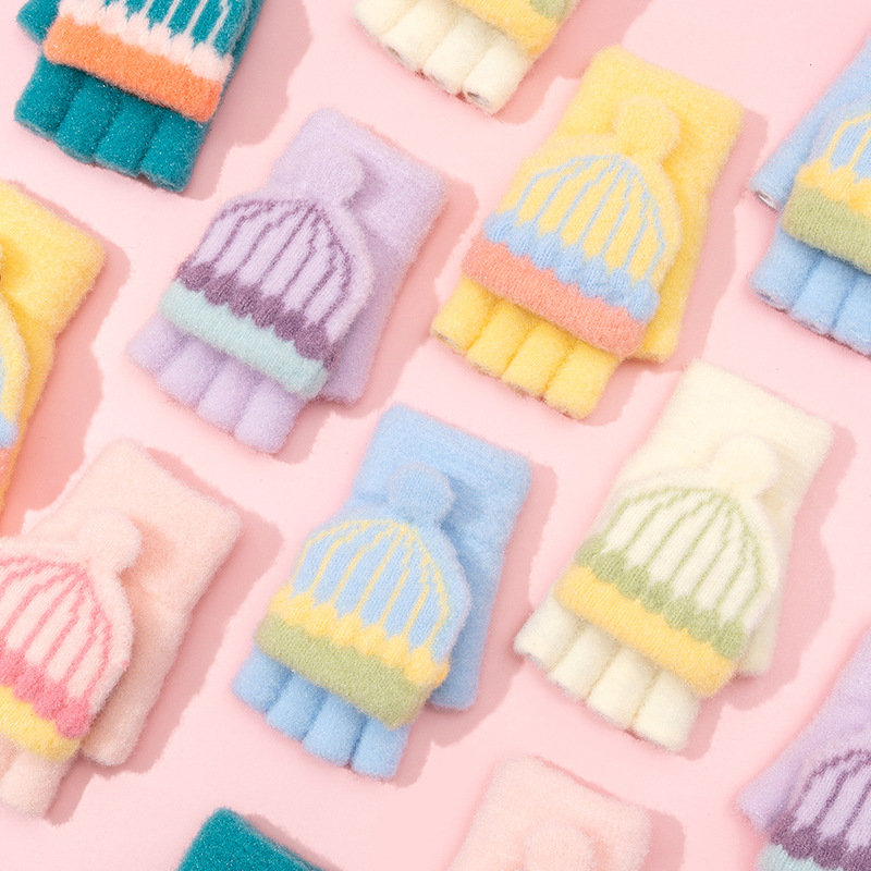 儿童手套冬季保暖半指翻盖加厚保暖针织毛线女童女孩小学生宝宝