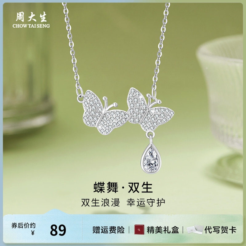 银项链双蝴蝶锆石项链